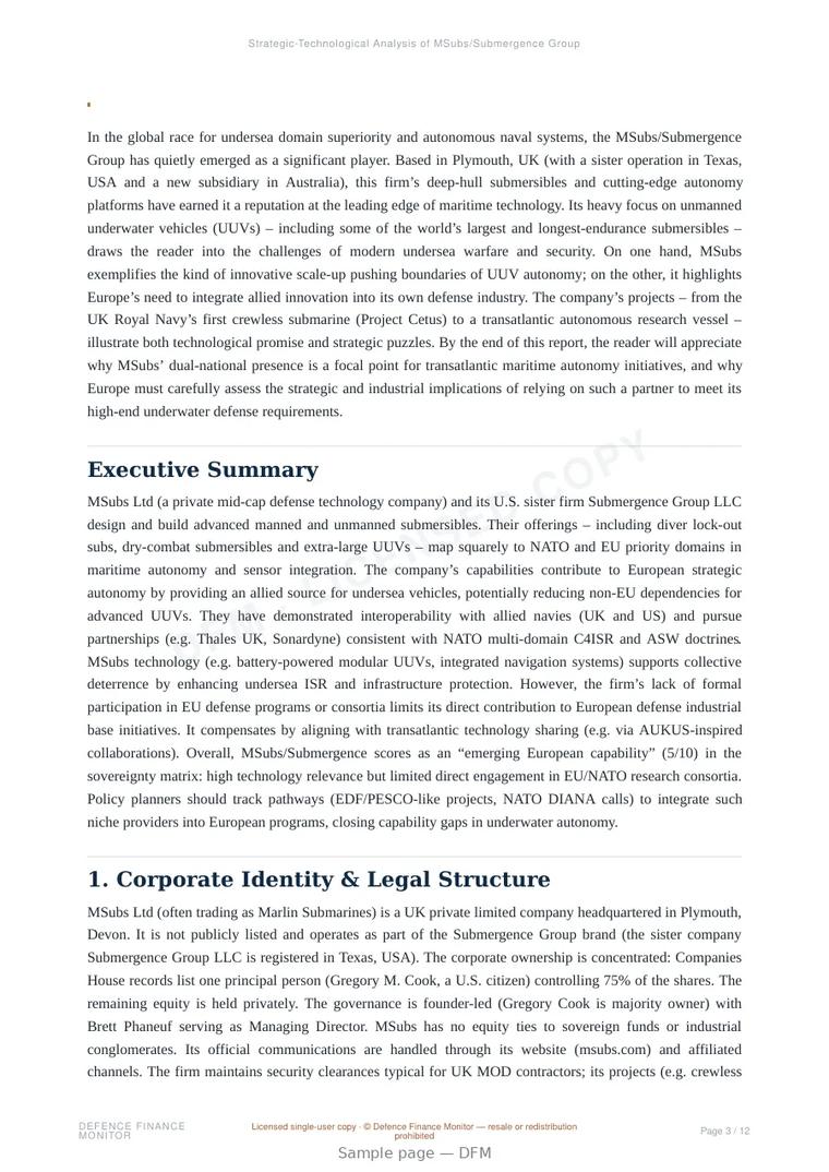 Sample page from “MSubs / Submergence Group — United Kingdom autonomy company” — 13-page report