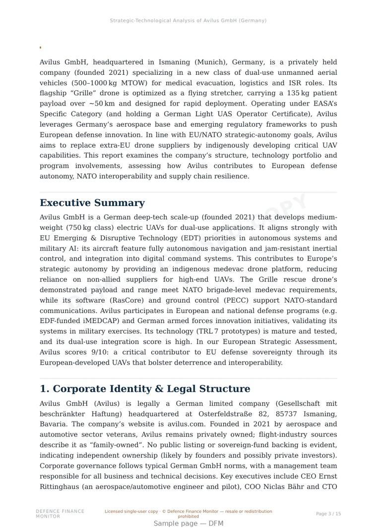 Sample page from “Avilus GmbH — Germany unmanned aerial systems company” — 16-page report