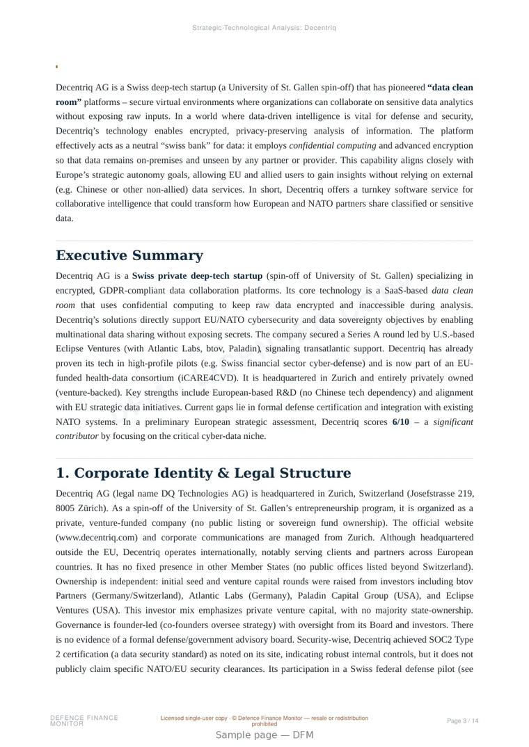 Sample page from “Decentriq AG — Switzerland cryptography company” — 15-page report