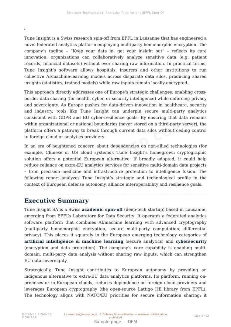 Sample page from “Tune Insight — Switzerland cryptography company” — 23-page report