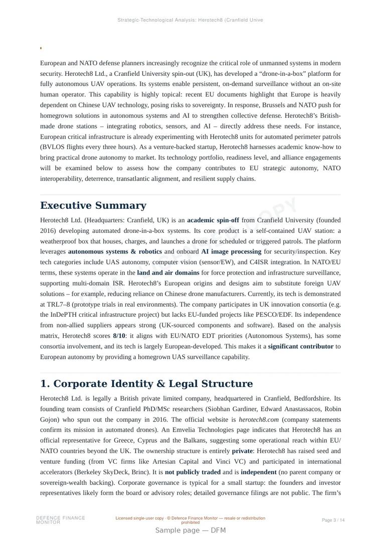 Sample page from “Herotech8 Ltd. — United Kingdom unmanned aerial systems company” — 15-page report