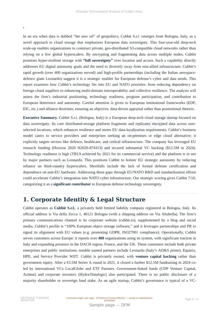 Sample page from “Cubbit S.r.l. — Italy cloud company” — 15-page report