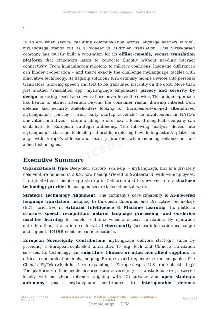Sample page from “myLanguage — Switzerland AI company” — 30-page report