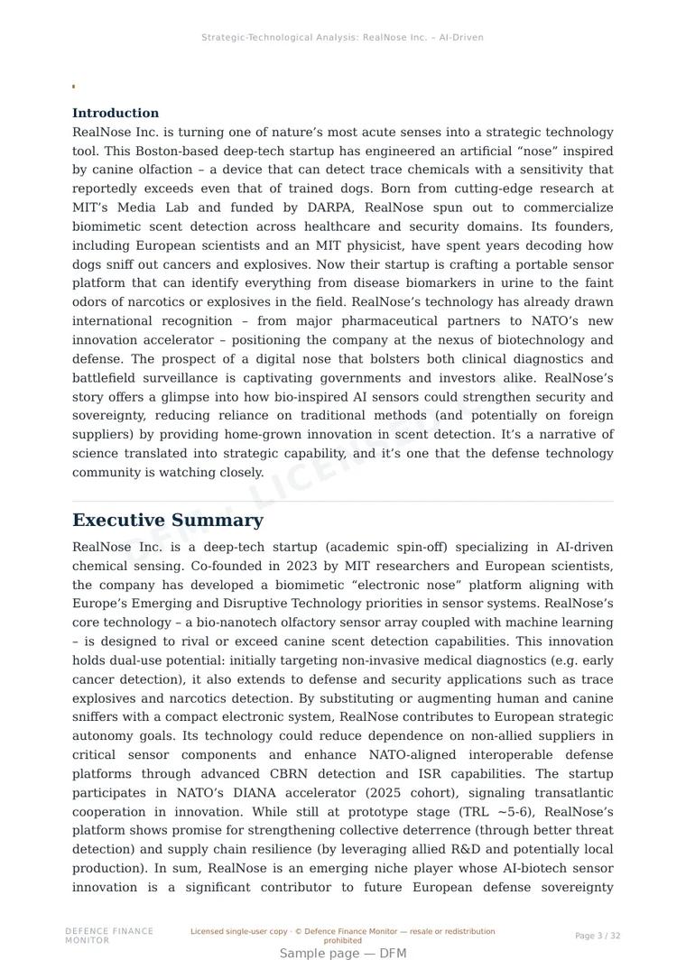 Sample page from “RealNose Inc. — United States advanced sensors company” — 33-page report