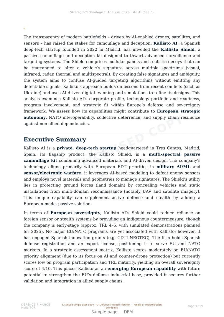 Sample page from “Kallisto AI — Spain low observable company” — 20-page report