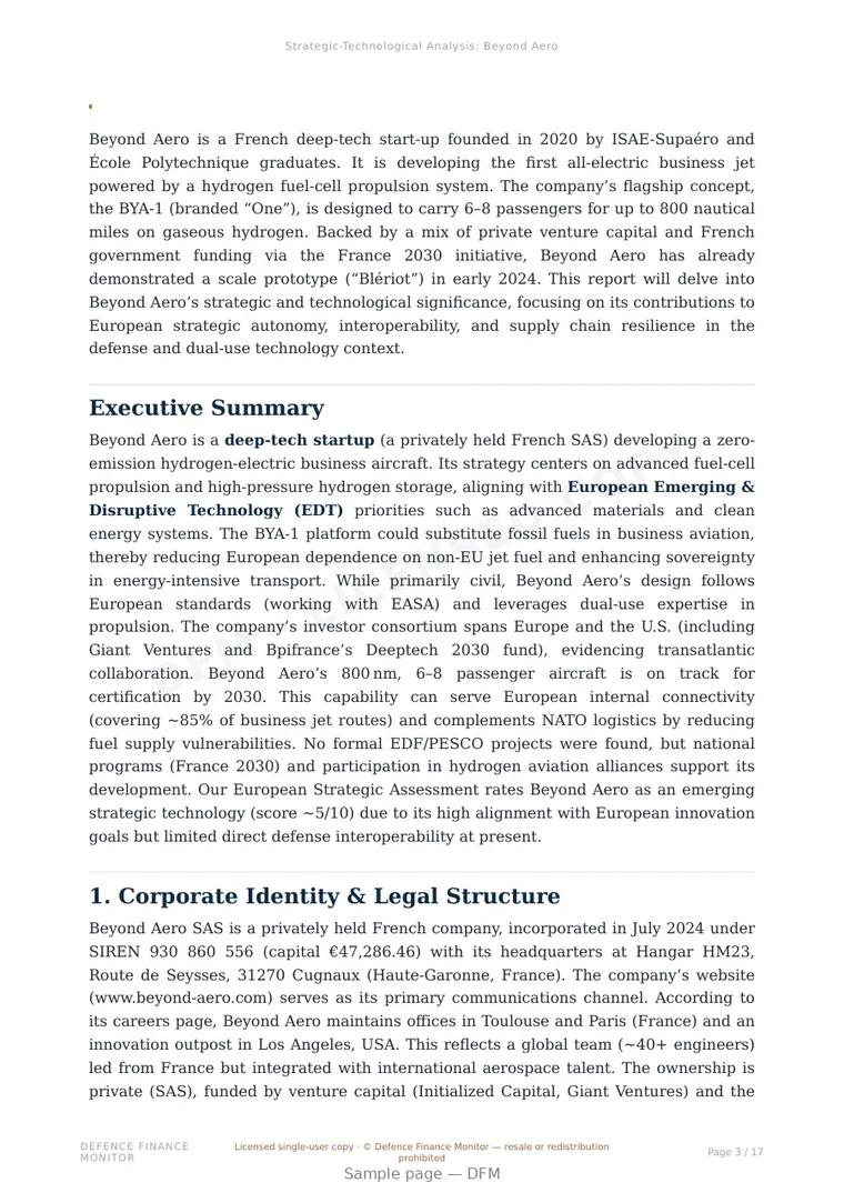 Sample page from “Beyond Aero — France hydrogen systems company” — 18-page report
