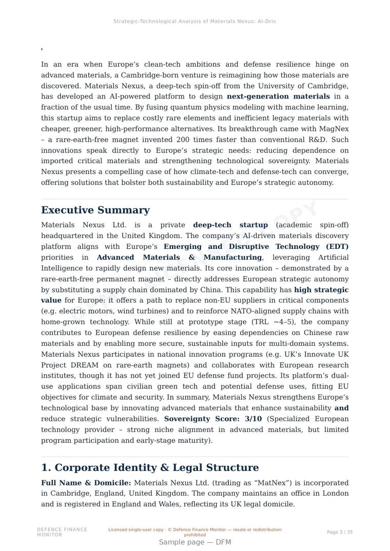 Sample page from “Materials Nexus — United Kingdom advanced materials company” — 36-page report