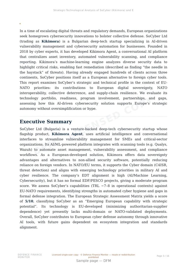 Sample page from “SoCyber Ltd — Bulgaria cybersecurity company” — 17-page report