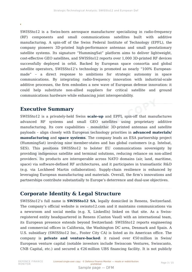 Sample page from “SWISSto12 — Switzerland satellite communications company” — 16-page report