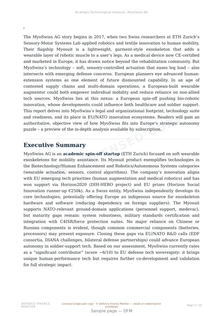 Sample page from “MyoSwiss AG — Switzerland human enhancement company” — 16-page report