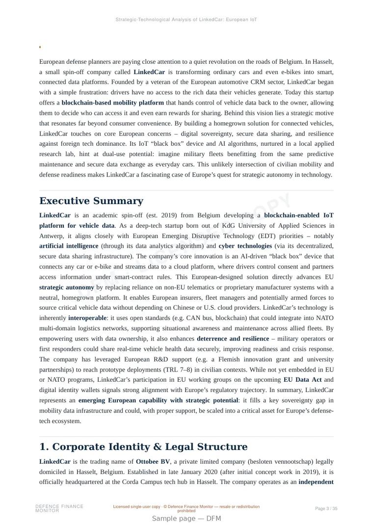 Sample page from “LinkedCar — Belgium communications company” — 36-page report