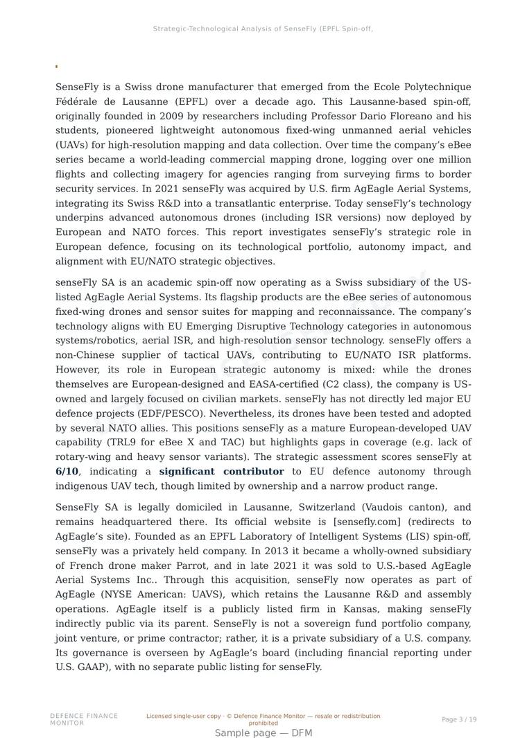 Sample page from “senseFly — Switzerland unmanned aerial systems company” — 20-page report