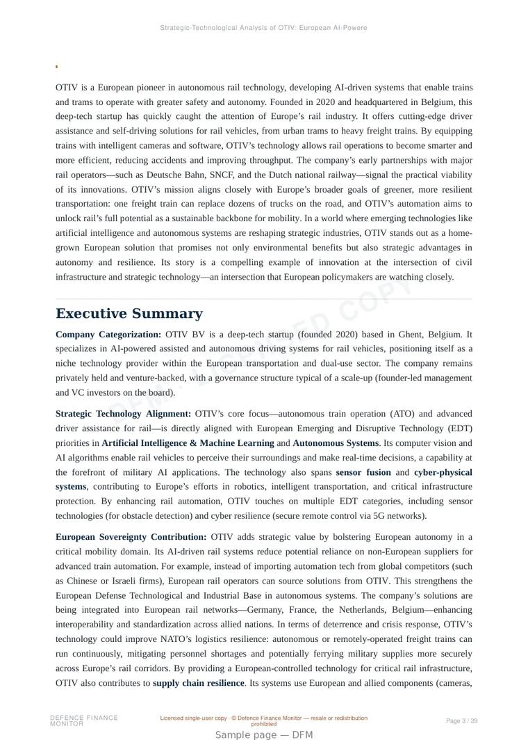 Sample page from “OTIV — Belgium computer vision company” — 40-page report