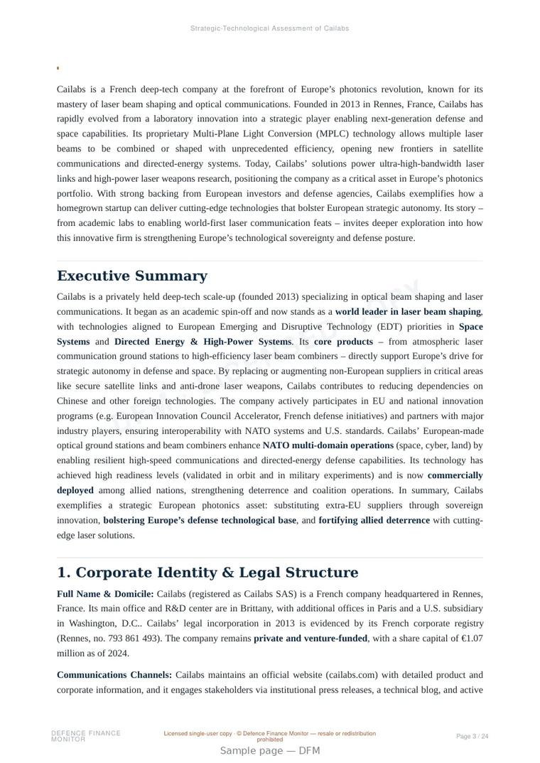 Sample page from “Strategic-Technological Assessment of Cailabs” — 25-page report