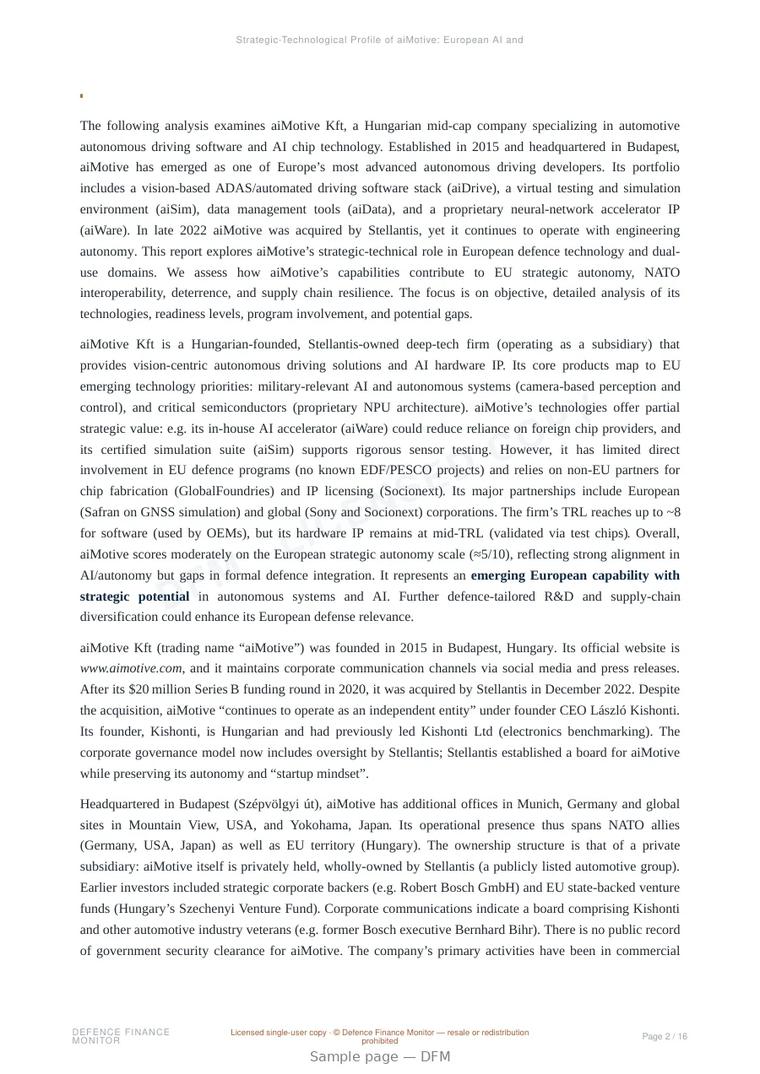 Sample page from “Strategic-Technological Profile of aiMotive: European AI and Autonomous Driving Capabilities” — 17-page report