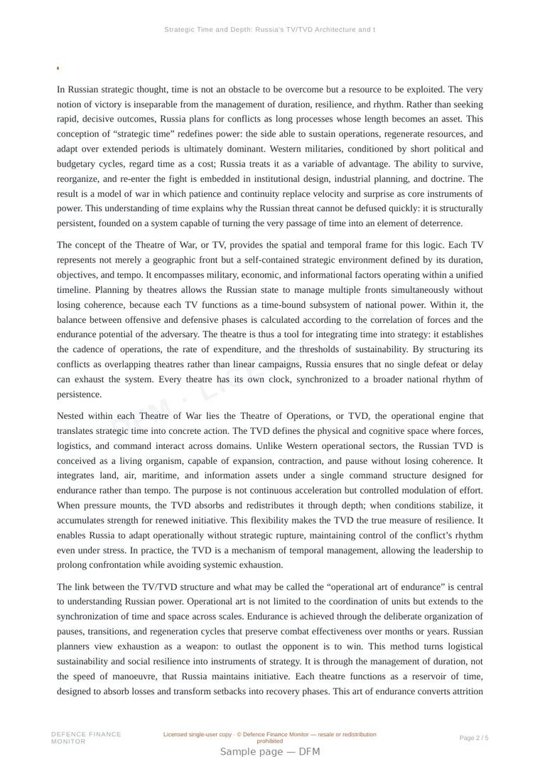 Sample page from “Strategic Time and Depth: Russia’s TV/TVD Architecture and the Operational Art of Endurance” — 6-page report