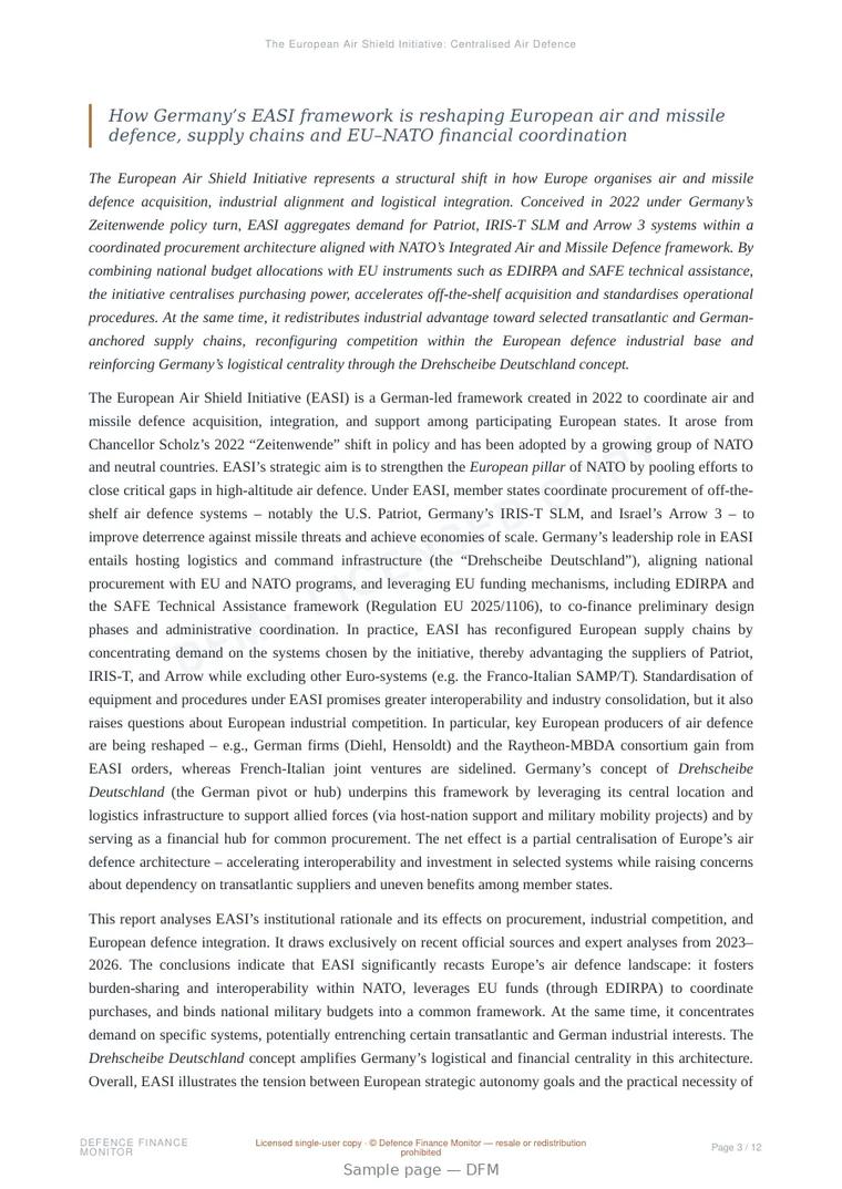 Sample page from “The European Air Shield Initiative: Centralised Air Defence Procurement and Industrial Realignment” — 13-page report