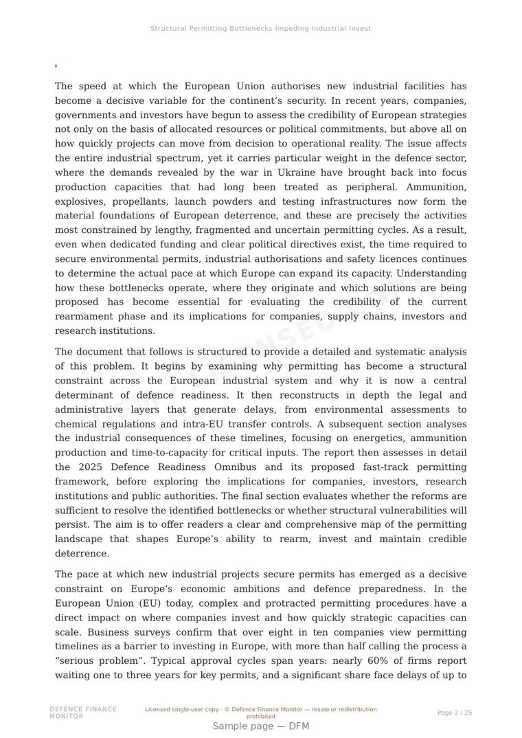Sample page from “Structural Permitting Bottlenecks Impeding Industrial Investment and Defence Readiness in the European Union” — 26-page report