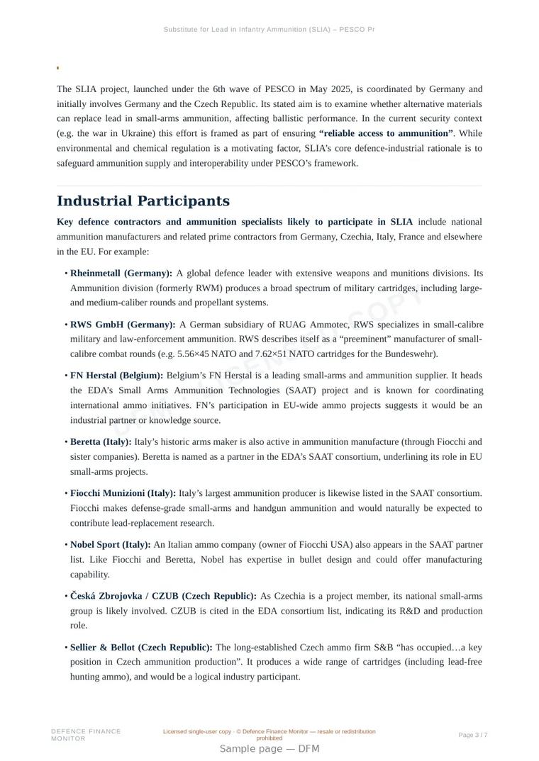 Sample page from “Substitute for Lead in Infantry Ammunition (SLIA) – PESCO Project Report” — 8-page report