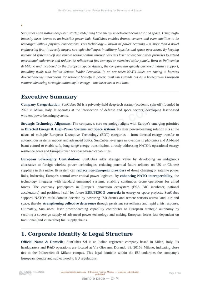 Sample page from “SunCubes: Wireless Laser Power Beaming for Defense and Space Innovation” — 36-page report