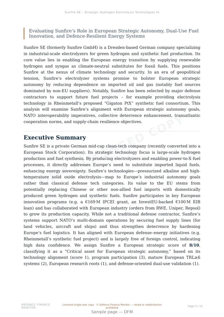 Sample page from “Sunfire SE – Strategic Hydrogen Electrolysis Technologies for Europe” — 16-page report