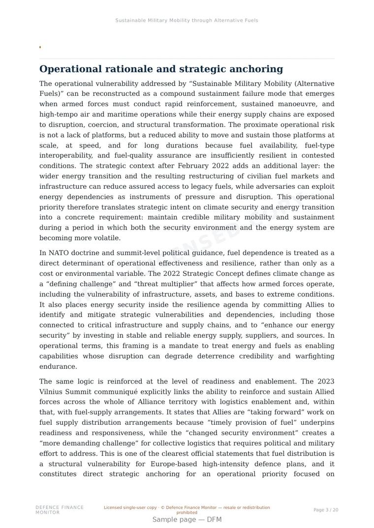 Sample page from “Sustainable Military Mobility through Alternative Fuels” — 21-page report