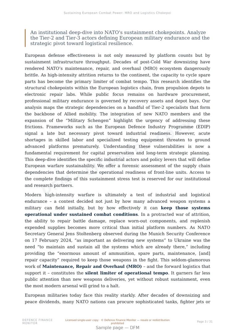 Sample page from “Sustaining European Combat Power: MRO and Logistics Chokepoints in High-Intensity Warfare” — 32-page report