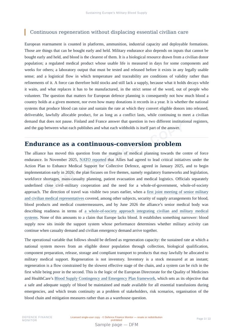 Sample page from “Sustaining Europe’s Military Blood Supply” — 23-page report