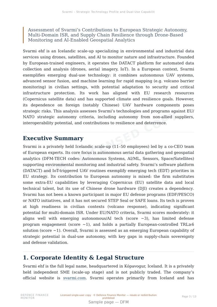 Sample page from “Svarmi – Strategic Technology Profile and Dual-Use Capabilities in Aerial Data Automation” — 14-page report