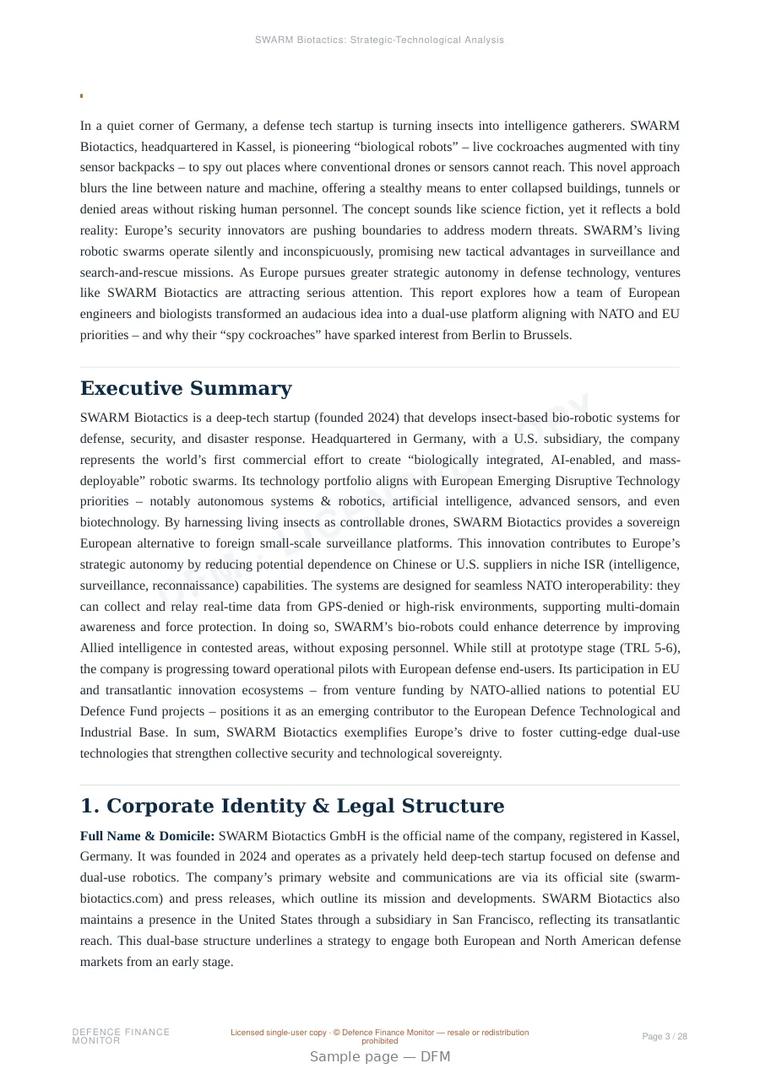 Sample page from “SWARM Biotactics — Germany biotechnology company” — 29-page report