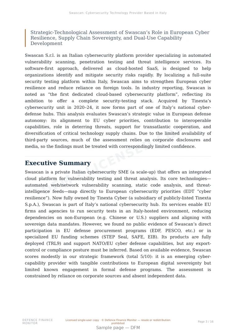 Sample page from “Swascan: Cybersecurity Technology Provider Based in Italy” — 17-page report