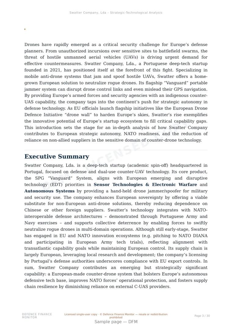 Sample page from “Swatter Company, Lda. — Portugal defence company” — 31-page report