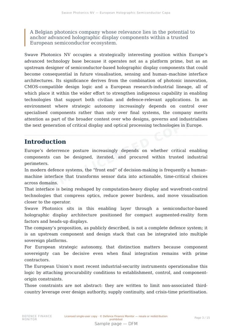 Sample page from “Swave Photonics NV — European Holographic Semiconductor Capability at the Intersection of Spatial Computing, Industrial Sovereignty and Dual-Use Display Infrastructure” — 16-page report
