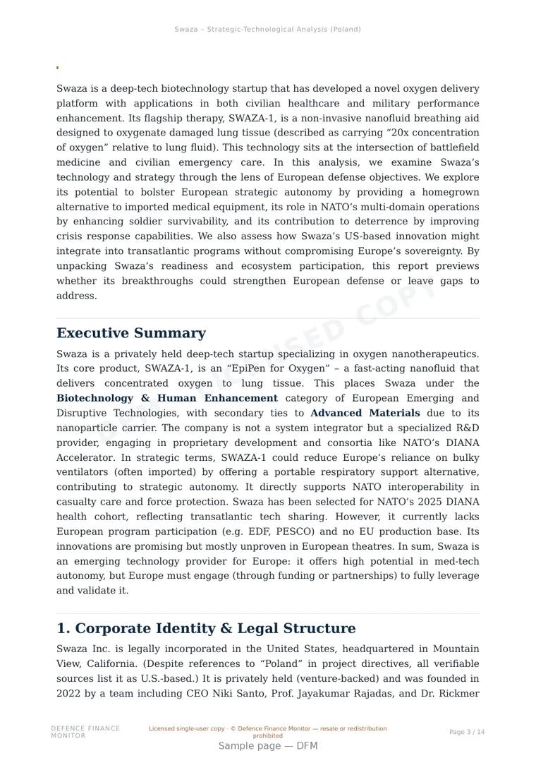 Sample page from “Swaza — Poland military medical tech company” — 15-page report