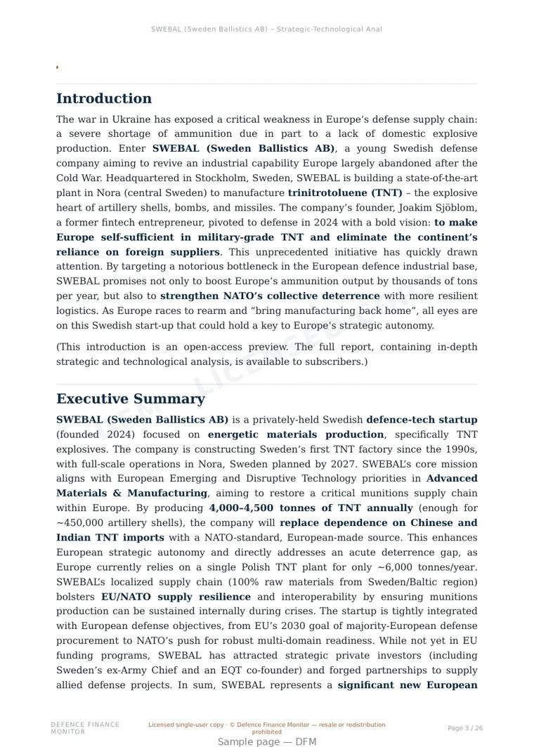 Sample page from “SWEBAL (Sweden Ballistics AB) — Sweden defence company” — 27-page report