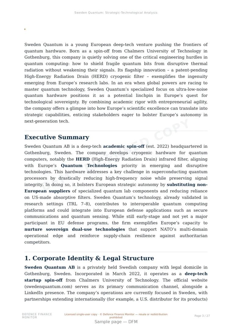 Sample page from “Sweden Quantum — Sweden quantum company” — 28-page report