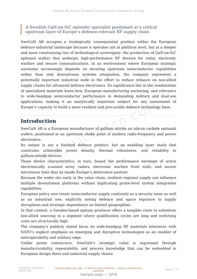Sample page from “SweGaN AB and the European Semiconductor Chokepoint: Strategic Epitaxy for Sovereign Radar and Defence Electronics” — 18-page report