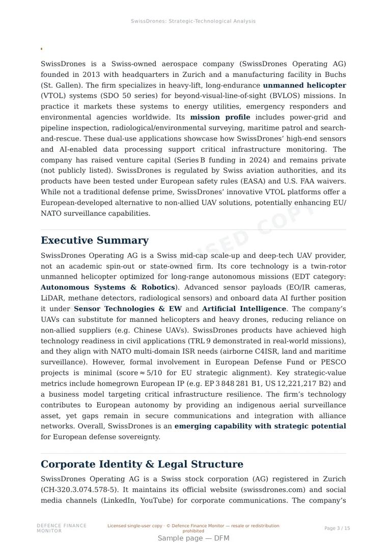 Sample page from “SwissDrones Operating AG — Switzerland unmanned aerial systems company” — 16-page report