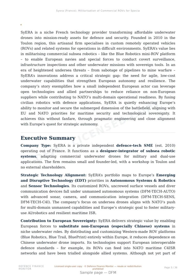 Sample page from “Syera (France): Militarisation of Commercial ROVs for Special Operations” — 37-page report