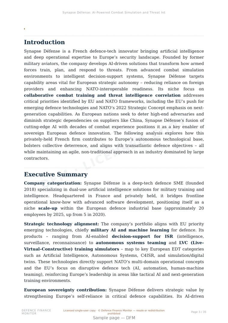 Sample page from “Synapse Défense: AI-Powered Combat Simulation and Threat Intelligence for European Defence Autonomy” — 36-page report