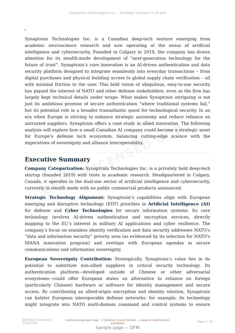Sample page from “Synaptrain Technologies Inc. – Strategic Analysis in AI and Cybersecurity” — 33-page report