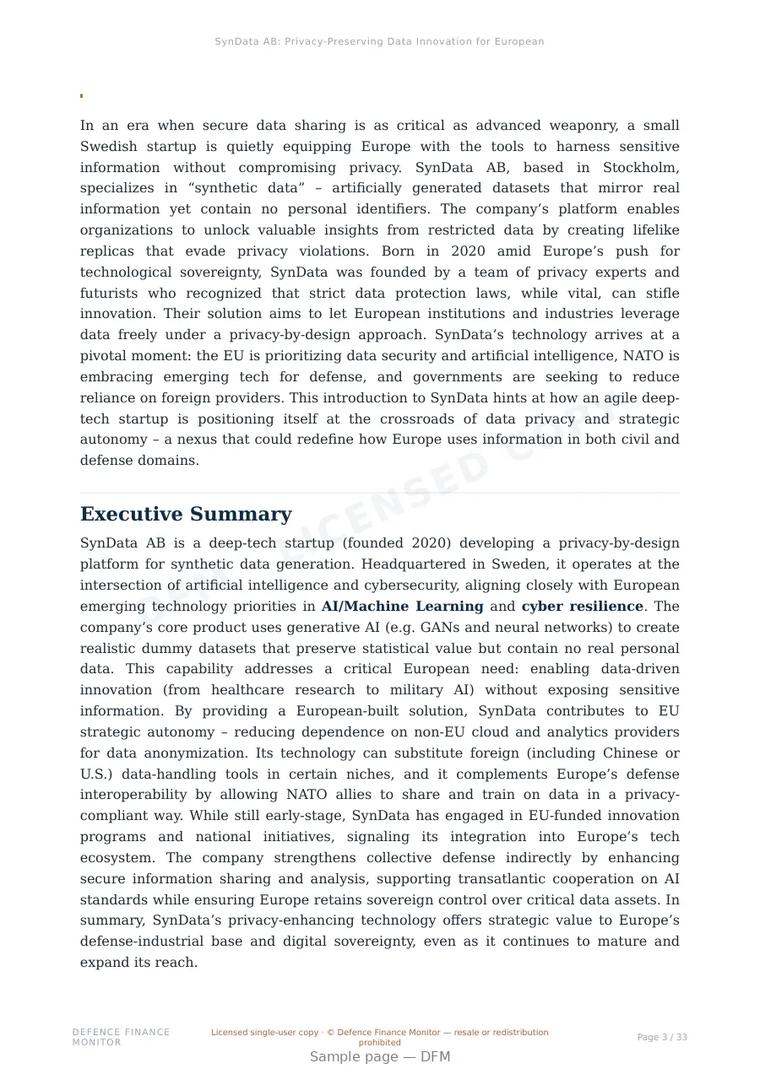 Sample page from “SynData AB: Privacy-Preserving Data Innovation for European Strategic Autonomy” — 34-page report