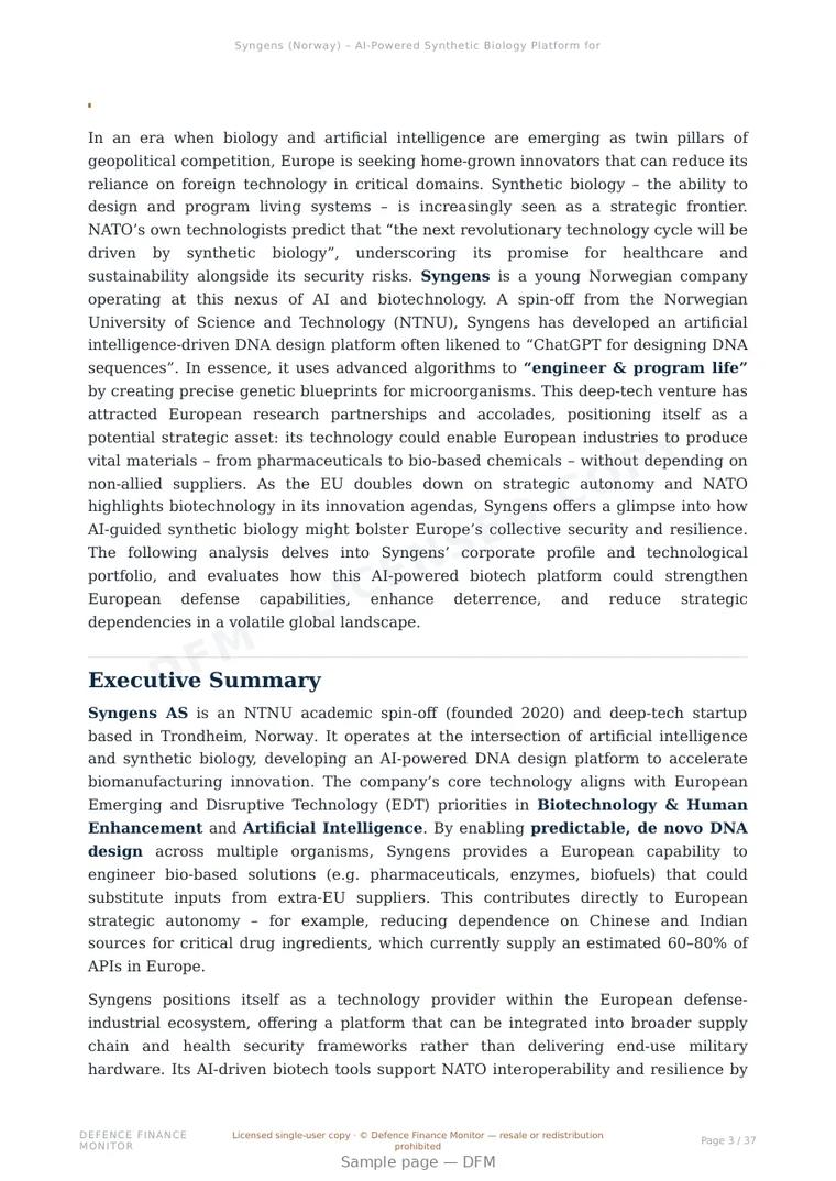 Sample page from “Syngens (Norway) – AI-Powered Synthetic Biology Platform for Strategic Autonomy” — 38-page report