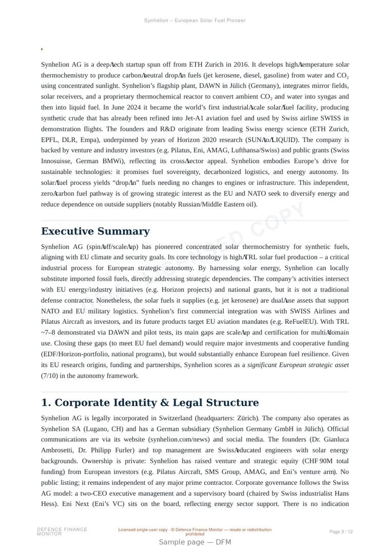 Sample page from “Synhelion – European Solar Fuel Pioneer” — 13-page report