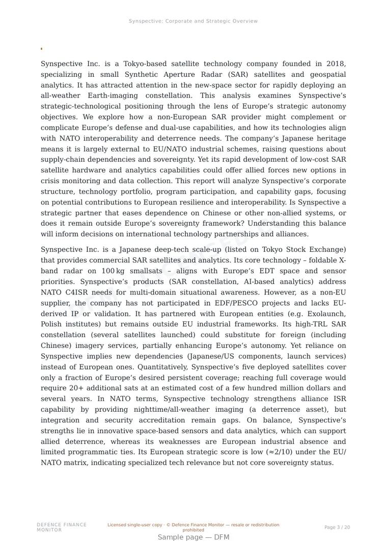 Sample page from “Synspective: Corporate and Strategic Overview” — 21-page report