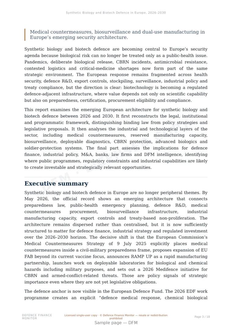 Sample page from “Synthetic Biology and Biotech Defence in Europe, 2026–2030” — 19-page report