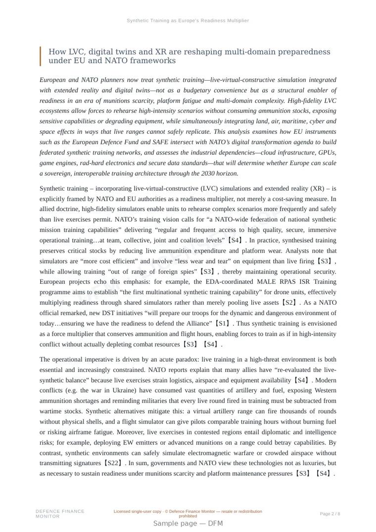 Sample page from “Synthetic Training as Europe’s Readiness Multiplier” — 9-page report