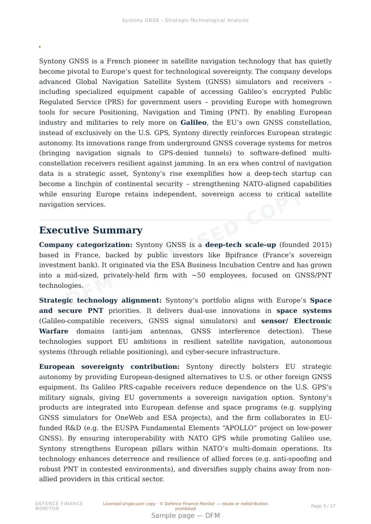 Sample page from “Syntony GNSS — France positioning company” — 28-page report