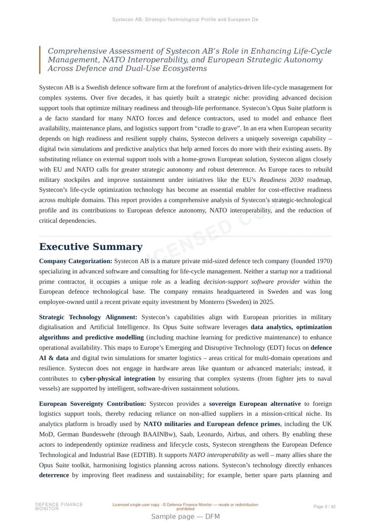 Sample page from “Systecon AB: Strategic-Technological Profile and European Defence Integration” — 43-page report