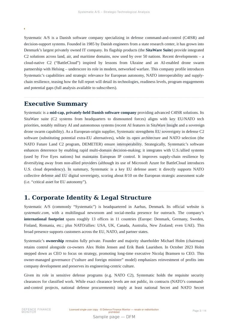 Sample page from “Systematic A/S — Denmark command company” — 15-page report